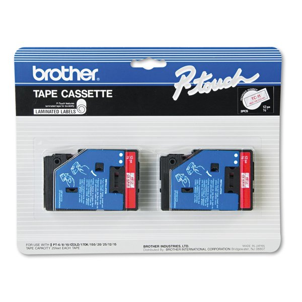 Brother TC Tape Cartridges for P-Touch Labelers, 0.47" x 25.2 ft, Red on Clear, PK2 TC11